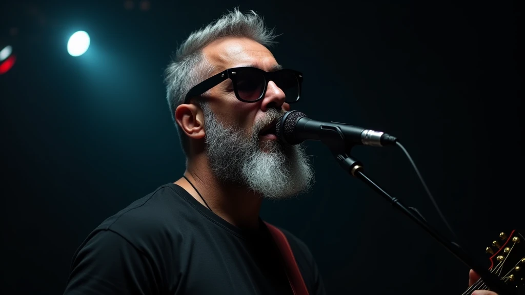 1 male, 4 beautiful male, short shaved silver spanish beard, dark sunglasses, emotion singing into a microphone in dark room with lights то focus, studio portrait