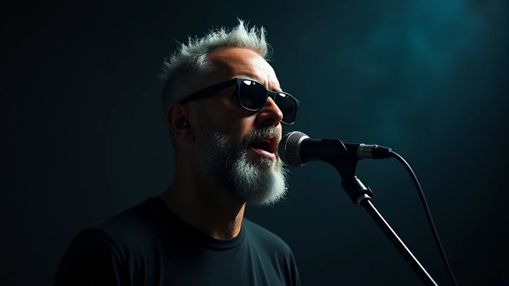 1 male, 4 beautiful male, short shaved silver spanish beard, dark sunglasses, emotion singing into a microphone in dark room with lights то focus, studio portrait 