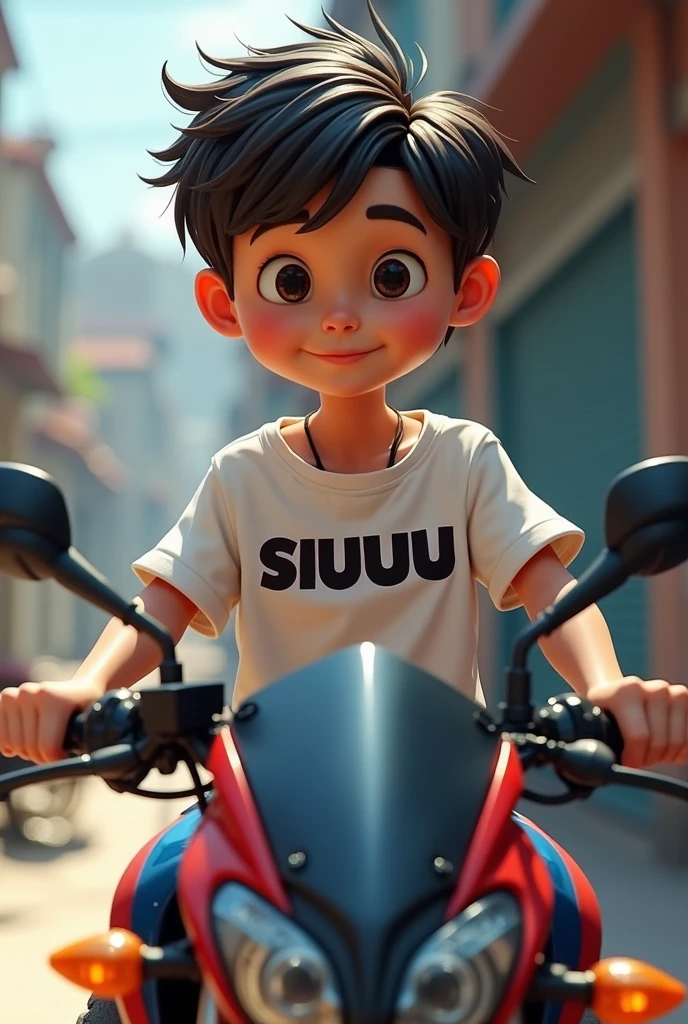 A boy is standing in on the bike R15, the boy is wearing a t-shirt the boys name siuuuu
 is written on the t-shirt.