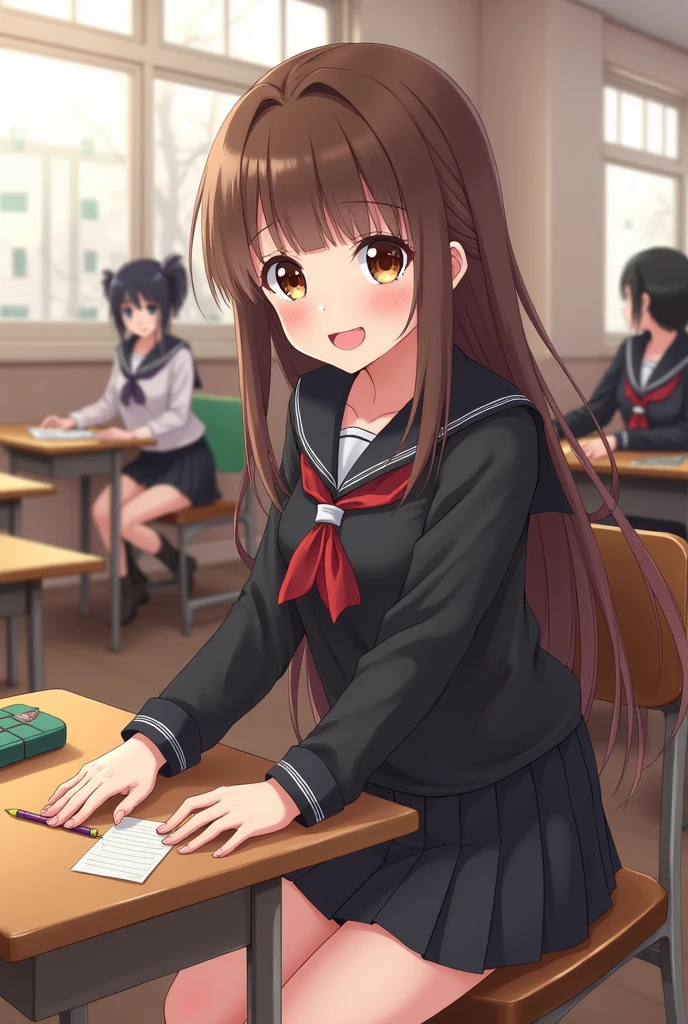 (nsfw, High definition, high quality),(1 Female, Brown hair, medium length hairstyle, Gradient brown eyes, black eyeliner, thin lips, Laugh shyly ),( High school girl uniform, pleated mini skirt),( Sit down and spread legs)