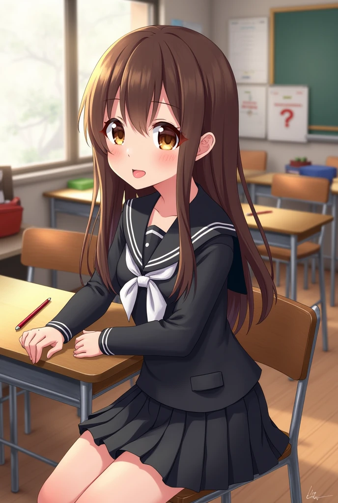 ((masterpiece, best quality)),best aesthetic,1girl, school uniform, desk, sitting, school desk, brown hair, classroom, long hair, indoors, chair, looking at viewer, :p, solo focus, brown eyes, skirt, long sleeves, pencil, 1 boy, pencil case, paper, black serafuku, multiple girls, pleated skirt, sailor collar, bangs, headrest, school bag, school chair