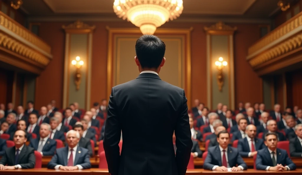 A young Chinese man in a suit is speaking to politicians from various countries sitting in the lecture hall.