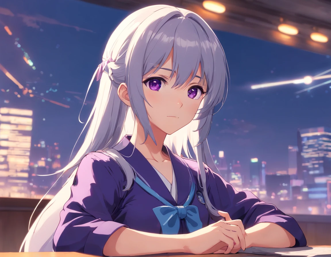 Anime, Girl, silver hair, long haircut, russian girl, purple, Alisa Mikhailovna Kujou ,hands crossed, tsundere, beautiful eyes, uniform school, blue eyes,