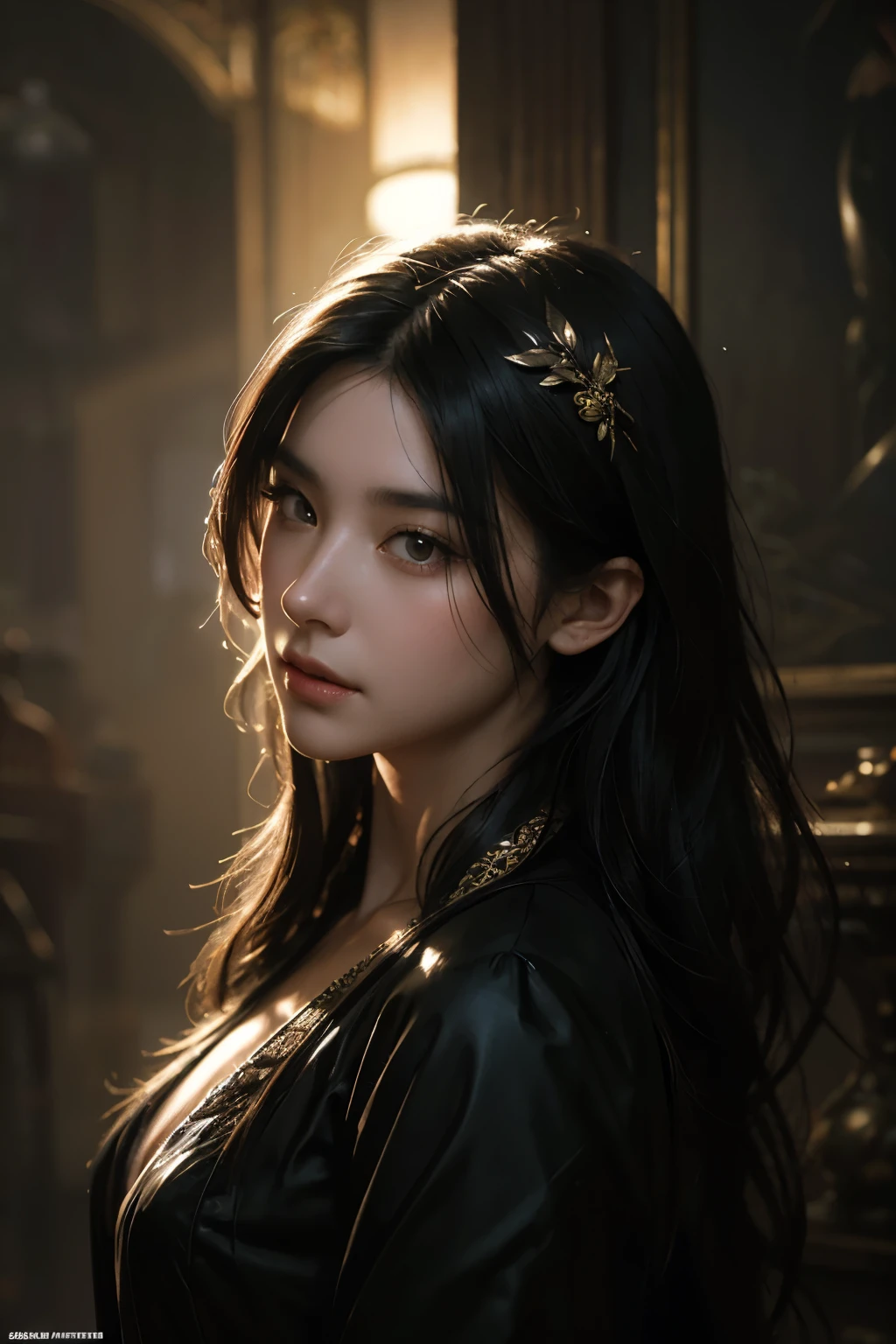 A highly detailed, elegant portrait of a woman with long black hair in a foggy, cinematic environment, intricate and ornate details, photorealistic, volumetric lighting and shadows, smooth and sharp focus, digital painting style inspired by Artgerm, Greg Rutkowski and Alphonse Mucha, concept art, illustration