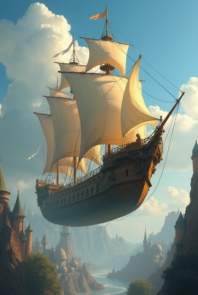 A ship with sails spreading out is sailing through the air, and at the bottom you can see the outlines of a fantastic city