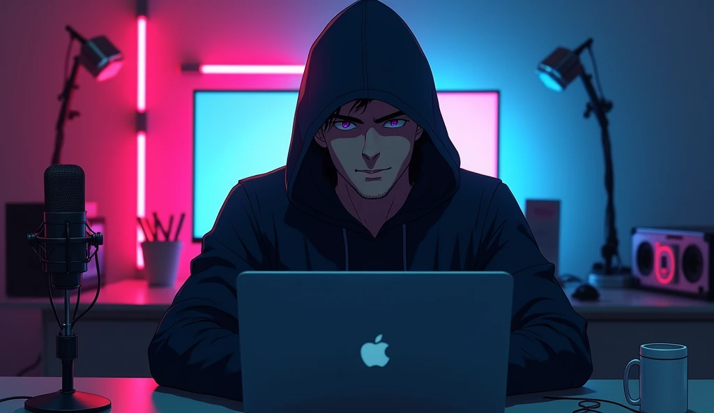 Generate a dramatic, anime-like image of a cool 2 man directly facing the camera with a front view only. He should look like a YouTuber speaking, with a confident expression. The man should be wearing a deep hacker-type hoodie. He is in a modern room with intense RGB lighting in the background, featuring a hacker kind of setup. A laptop is in front of him on the desk, and there is a microphone in front of him. The setting should be dark, with dramatic lighting highlighting the man and his tech-savvy, hacker environment. The image must show the man looking straight into the camera, ensuring only a front view perspective is captured, as if taken from a tripod setup. No side views or angled shots—front view images only