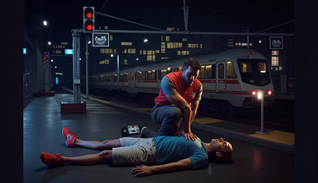 Scene at subway station，Subway train passing by in the background，Someone in front is using an AED to rescue the person lying down，3d，OC Renderer，High quality local rendering, Clean 3D Rendering，Hyper-realistic 3D rendering