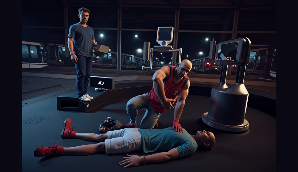 Scene at subway station，Subway train passing by in the background，Someone in front is using an AED to rescue the person lying down，3d，OC Renderer，High quality local rendering, Clean 3D Rendering，Hyper-realistic 3D rendering