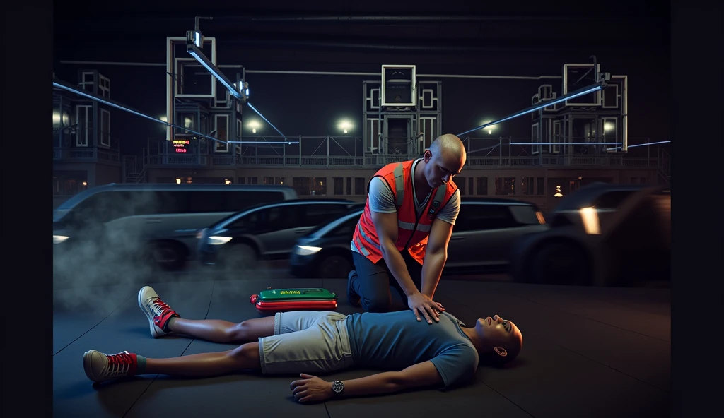 Scene at subway station,Subway train passing by in the background,Someone in front is using an AED to rescue the person lying down,3d,OC Renderer,High quality local rendering, Clean 3D Rendering,Hyper-realistic 3D rendering