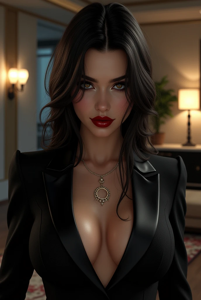 The evil, seductive smile of a sexy, villainous female boss wearing a low-cut blouse and suit