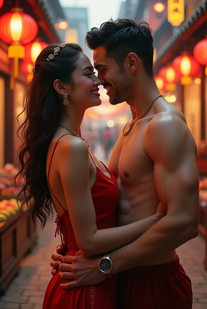 A beautiful young woman with a sweet smile shows off her lovemaking with her husband on the street, naked at night, looking angry. The atmosphere on the street has stalls on both sides, lit by hanging lanterns. The atmosphere in the capital city is decorated with luxurious patterns according to the era of the great dynasty, ancient Chinese style rooms.
