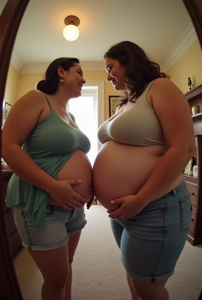Your POV view of having two pregnant plus size lesbian moms at home. fisheye camera view, iphone camera style. HD, realface, cinematic