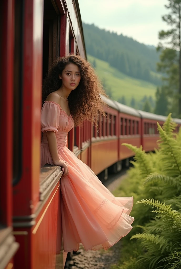 A young woman with curly hair leans out of a vintage red train, wearing a flowing light pink dress. The scene is set in a lush, green environment with ferns surrounding the train tracks. The background features rolling hills and trees, creating a serene and picturesque atmosphere, evoking a sense of adventure and tranquility. The lighting is warm and natural, enhancing the colors of the dress and the train.