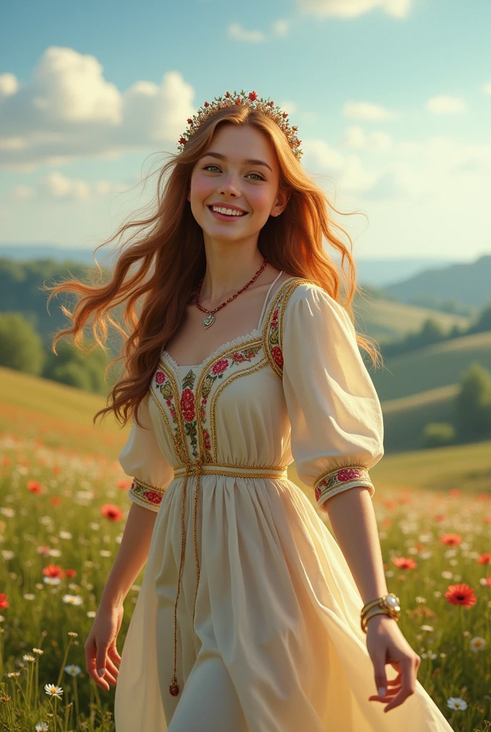 a beautiful russian ager girl, smilimg, walking, full body shot