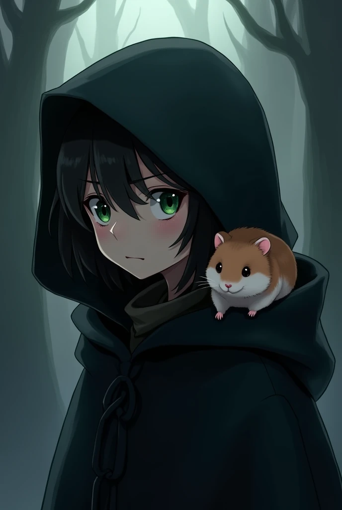 Anime boy with black hood, black hair and green eyes with a hamster