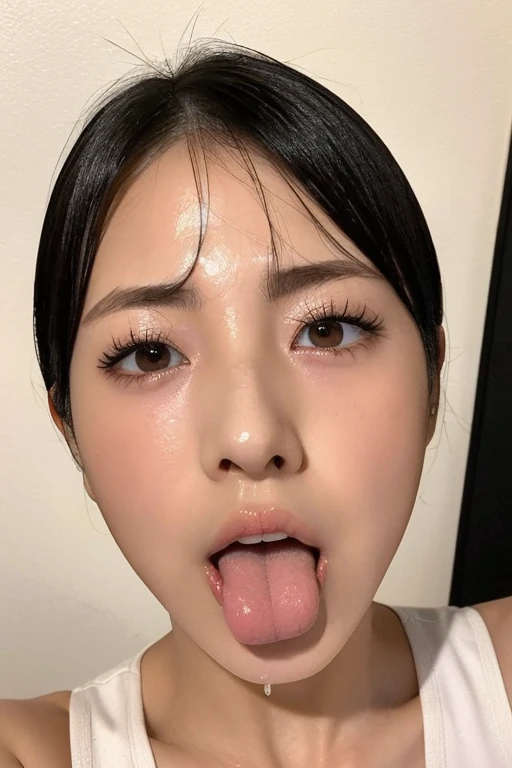 Japanese women、20-year-old、short hair、Face close-up、Smooth Skin、masterpiece、Highest quality、8K Photo、((close your eyes and open your mouth slightly))、close your eyes、Suffering face、(Wrinkles around the eyes:1.2)、length, Pointed nose,,,,,,,,,,,,,,,Strong Nose、length, Narrow nostrils、Skin shiny with sweat、Lighting that highlights shiny sweat{Realistic nostrils}, Black-haired、((In front of a white wall))、Tank top、Shapely breasts、(Super wet skin),((Ahegao,Sticking out a long tongue))(Close enough to kiss)、The tongue is moist、Photographed from the front、Ahegao