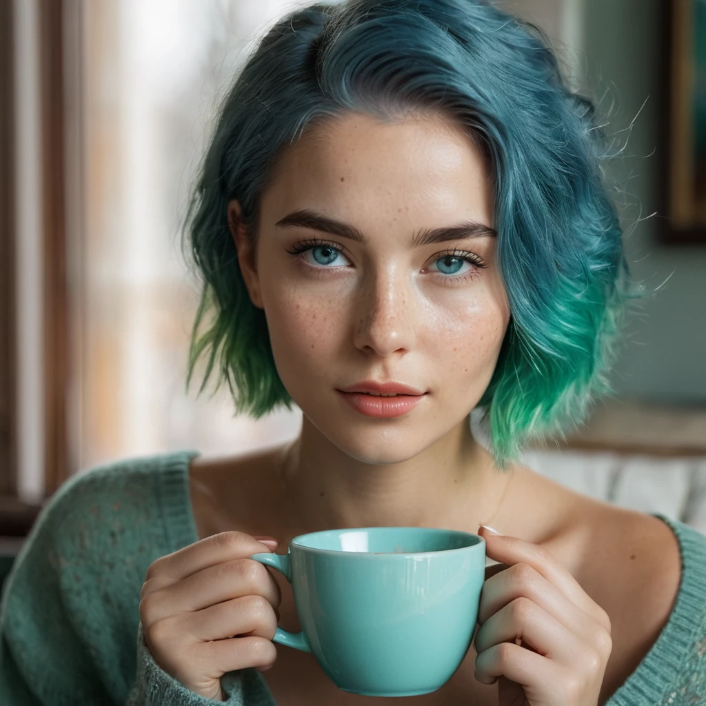Woman 20 Years Old Nordic Ethnicity, short blue hair with a perfect face and light freckles, Blue-Green Eyes, A close-up of NovaiBrew’s hand holding a coffee cup, with soft morning light streaming in. She’s in a cozy yet elegant setting, perhaps with part of her in the frame, but the focus is on the coffee and the tranquil morning vibe.((Color palette - turquoise, neon green, yellow shades))