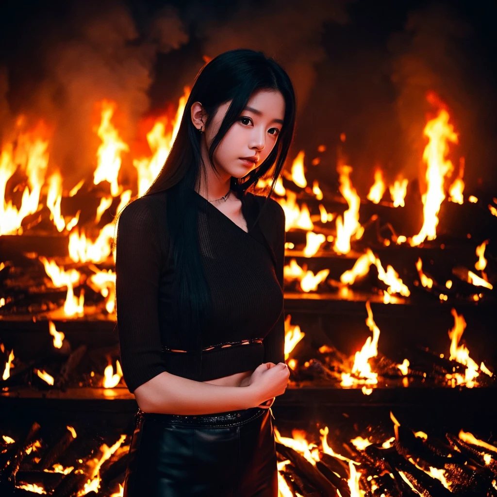 K-pop idol Asa is standing in front of flames. She has black straight long hair and black outfit