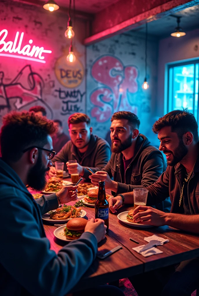 Turkish rappers eating hamburger and drinking beer together, neon lights, graffitis on the walls, a bar
