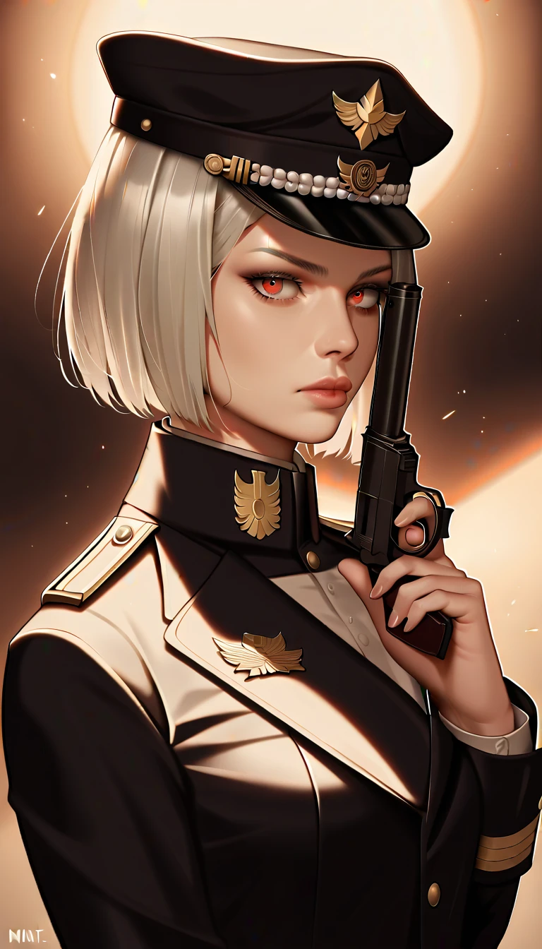 score_9, score_8_up, score_7_up, source_anime, best quality, amazing quality, absurdres, very aesthetic, 1girl, beautiful detailed eyes, beautiful detailed lips, military caps, military uniform, red eyes, short hair, grey hair, Bob Cut, holding army handgun, serious expression, side view, high quality, 8k, photorealistic, professional photography, cinematic lighting, dramatic shadows, muted color palette, gritty military style,