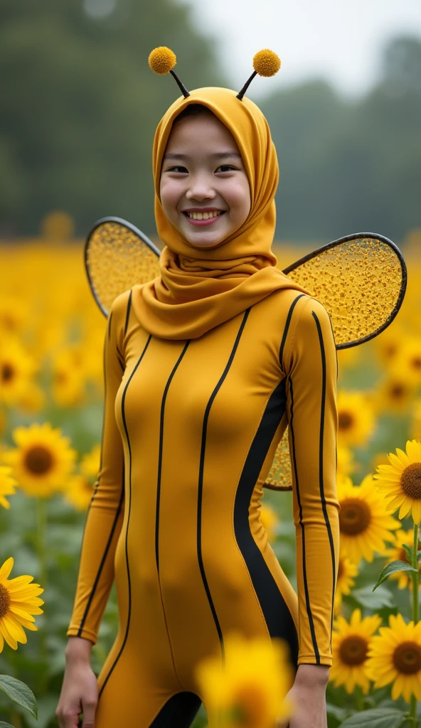 the beautiful,slender thin and prettiest Asian muslimah adult girl with beautiful cheeks wears striped yellow bee lycra turtleneck unitard catsuit covered with seamless black stripes with a pair of bee costume wings and always wear bee lycra elastane stretchy dance wear hijab covered with seamless stripes with antennae.She is laughing to the flowers.