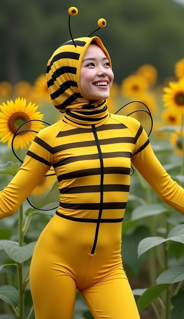 the beautiful,slender thin and prettiest Asian muslimah adult girl with beautiful cheeks wears striped yellow bee lycra turtleneck unitard catsuit covered with seamless black stripes with a pair of bee costume wings and always wear bee lycra elastane stretchy dance wear hijab covered with seamless stripes with antennae.She is laughing to the flowers.