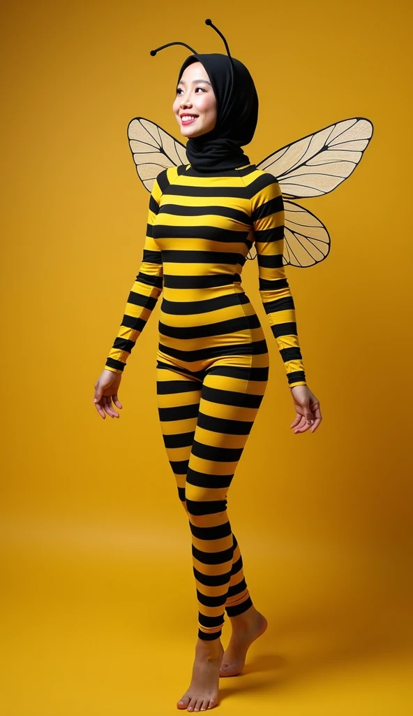 the beautiful,slender thin and prettiest Asian muslimah adult girl with beautiful cheeks wears striped yellow bee lycra turtleneck unitard catsuit covered with seamless black stripes with a pair of bee costume wings and always wear bee lycra elastane stretchy dance wear hijab covered with seamless stripes with antennae.She is laughing to the flowers.