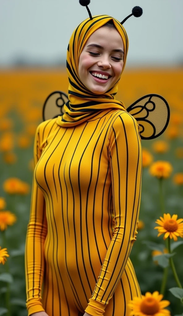 the beautiful,slender thin and prettiest Asian muslimah adult girl with beautiful cheeks wears striped yellow bee lycra turtleneck unitard catsuit covered with seamless black stripes with a pair of bee costume wings and always wear bee lycra elastane stretchy dance wear hijab covered with seamless stripes with antennae.She is laughing to the flowers.