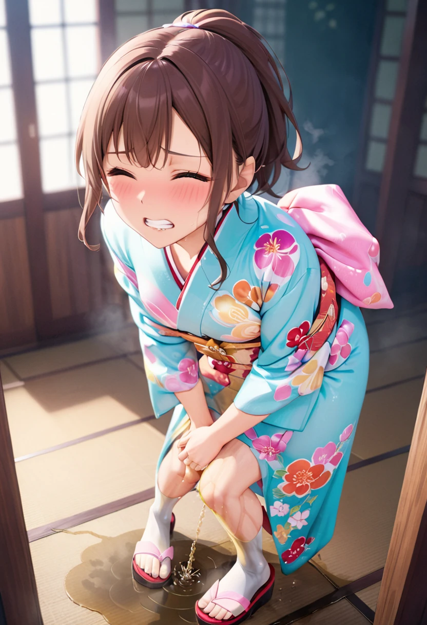 nsfw, (masterpiece, top quality, best quality, highly detailed:1.6), extremely detailed CG unity 8k wallpaper, (full body), wide shot, long shot, (Knee rubbing:3), (leaning forward, Hold the crotch area over the clothes:2), (standing:2), (((clutching crotch))), (woman standing on the shrine, outdoor), (Pastel Colors kimono, Maxi Length, Extremely wet with pee:2)),strong facial expression, (sharp eye:1.2), (scowl:1.1), (embarrassed,blush:1.3), (steam:2), (Wet:1.1), (sweat:1.1), (trembling:1.3), (open mouth, wavy mouth:1.4), (clenched teeth:1.7), (closed eyes:1.5), (feeling weak:1.5), (bravery crying, sobbing:1.5), (shoot from front, looking at viewer:1.2), Red sandals, (long hair, Dark Brown hair, low ponytail:1.4), (woman trembling with sexual climax:1.5), colorful, perfect composition, (Touching the crotch:1.7), urination, incontinence, piss, peeing self, A lot of pee, (((pee stream))), (pee puddle), Wetting herself, peeing, blush, trembling, embarrassed, large breasts, Yellow pee, ((leaking pee)), Shaking one's shoulders, Breaking a sweat on forehead, Pee spread on the floor, (Pee stains), Full bladder, ((Pee-soaked kimono)), Pee-soaked ankle socks, natural makeup,