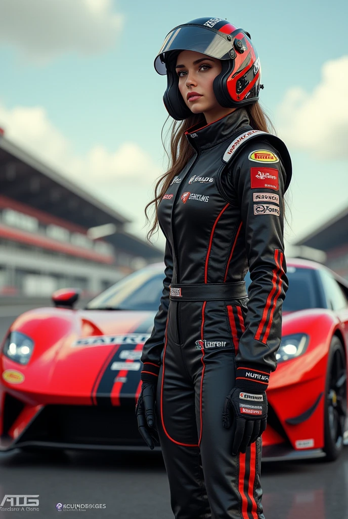 hot girl as a racing car driver next to its car with player costume and helmet is in hand