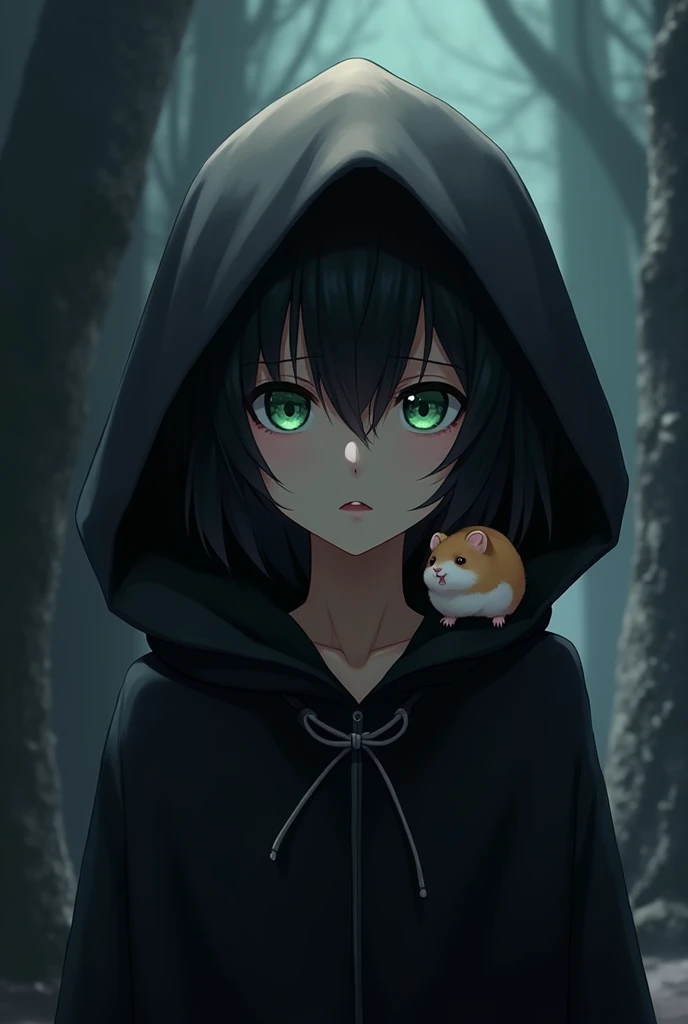 Anime boy with black hood, black hair and green eyes with a hamster 