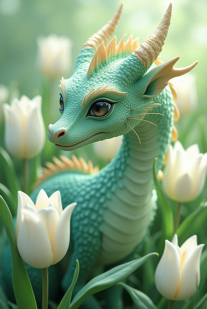 ((best quality)), ((masterpiece)), (detailed), light green dragon with white tulips, anime, grey eyes, 