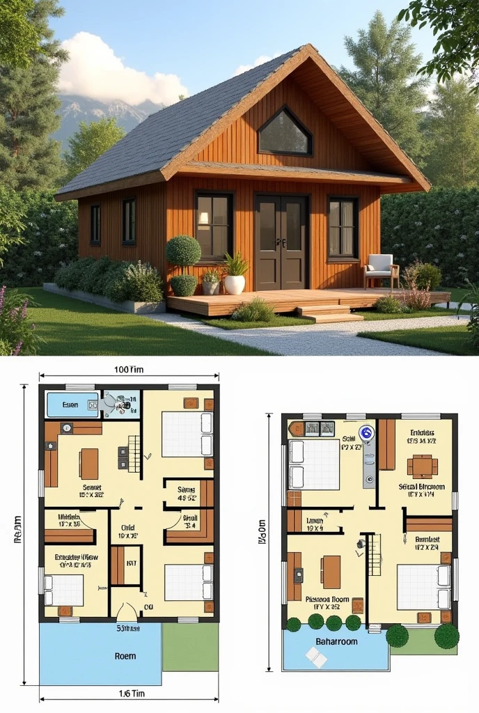 A house with approximately 60 square meters, double bedroom with view with bathroom and closet, small child's room, social bathroom, American kitchen and living room with view , front with round wood double-pitched roof