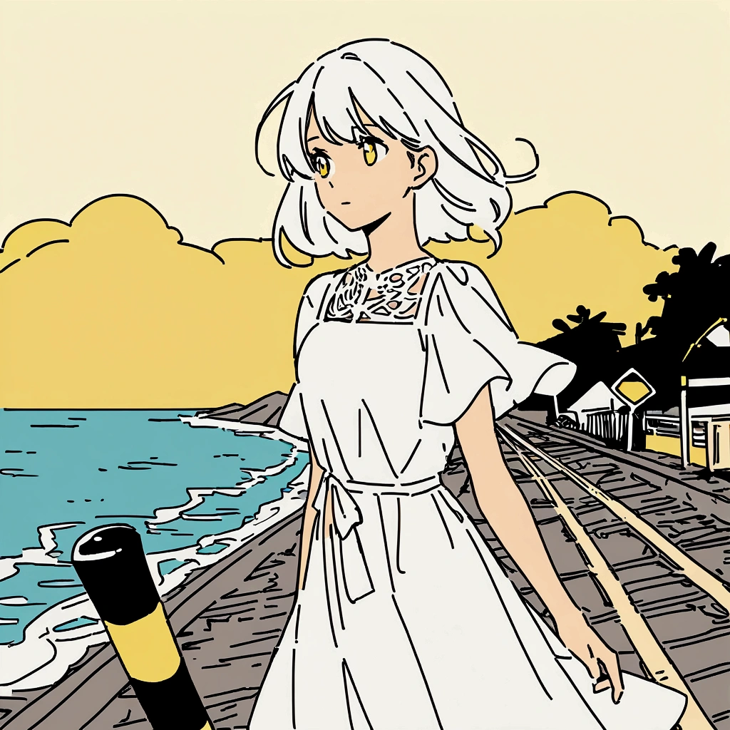 Yellow sky, railroad crossing, summer, youth, white dress, woman, white flower, nostalgic, sea, strong sunlight, flat color, delicate landscape, flat color