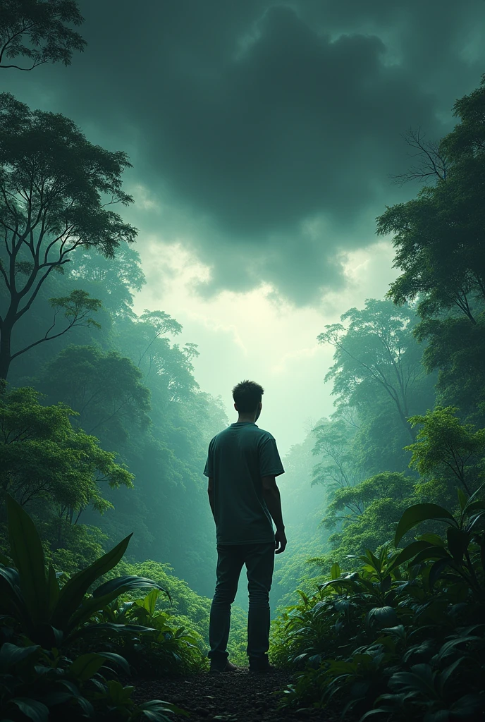 Dark cloud and the man standing in jungle and feel good in wind