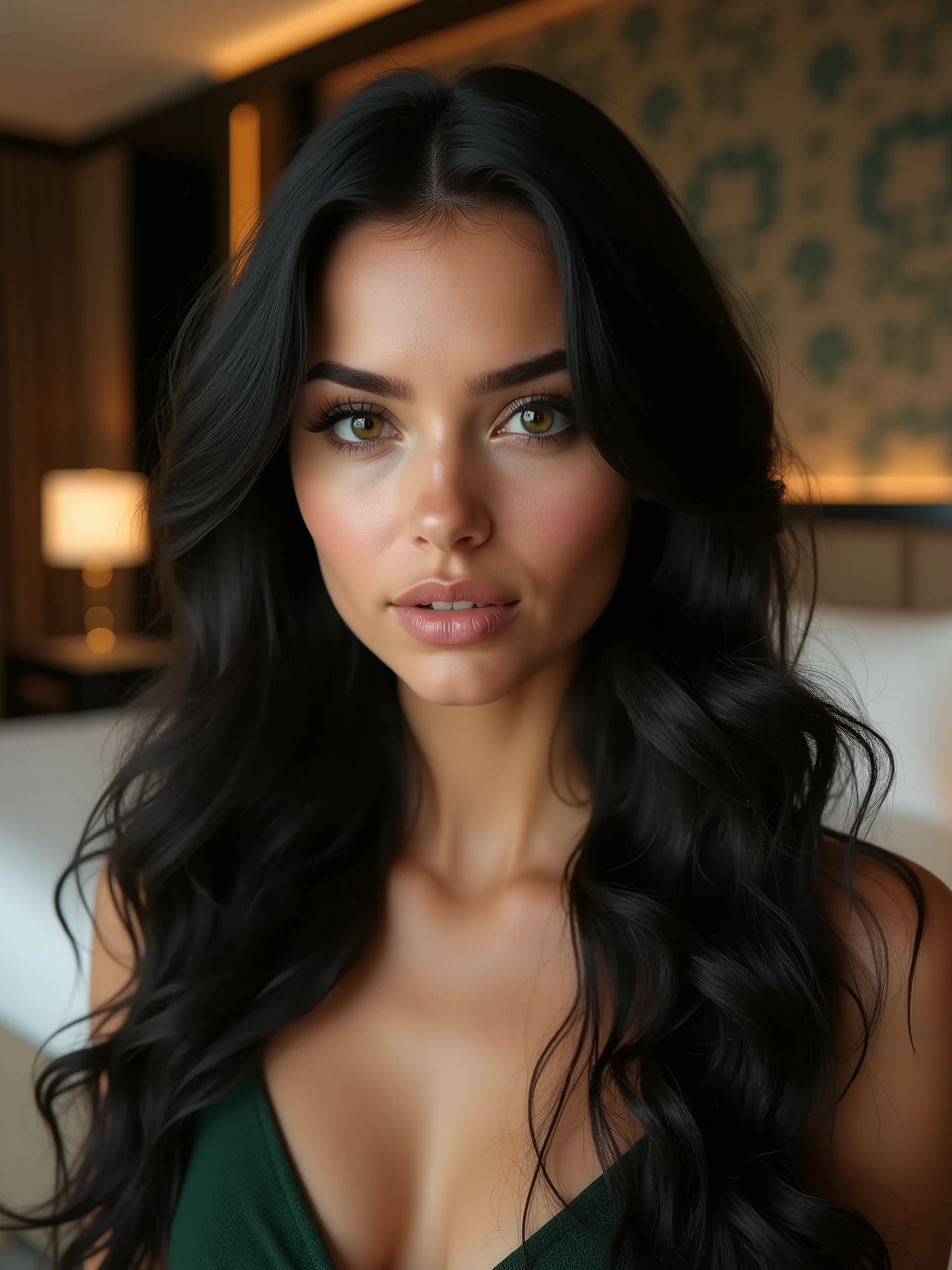 Create a hyper-realistic portrait of a glamorous young woman with long, wavy black hair, adorned with subtle smokey green eye makeup. Focus on capturing the fine details and natural textures of her skin, avoiding any artificial smoothing effects. The skin should display realistic pores, subtle imperfections, and natural highlights, enhancing the authenticity of her facial features. She is elegantly posed in a luxurious hotel room, with a modern, sophisticated design featuring rich textures and warm tones. The soft, ambient lighting should highlight the depth of her facial features, bringing out the natural contours and shadows, while maintaining the opulent and inviting atmosphere. The room's decor includes plush furnishings, a stylish headboard, and hints of gold accents, contributing to the overall luxury of the scene.