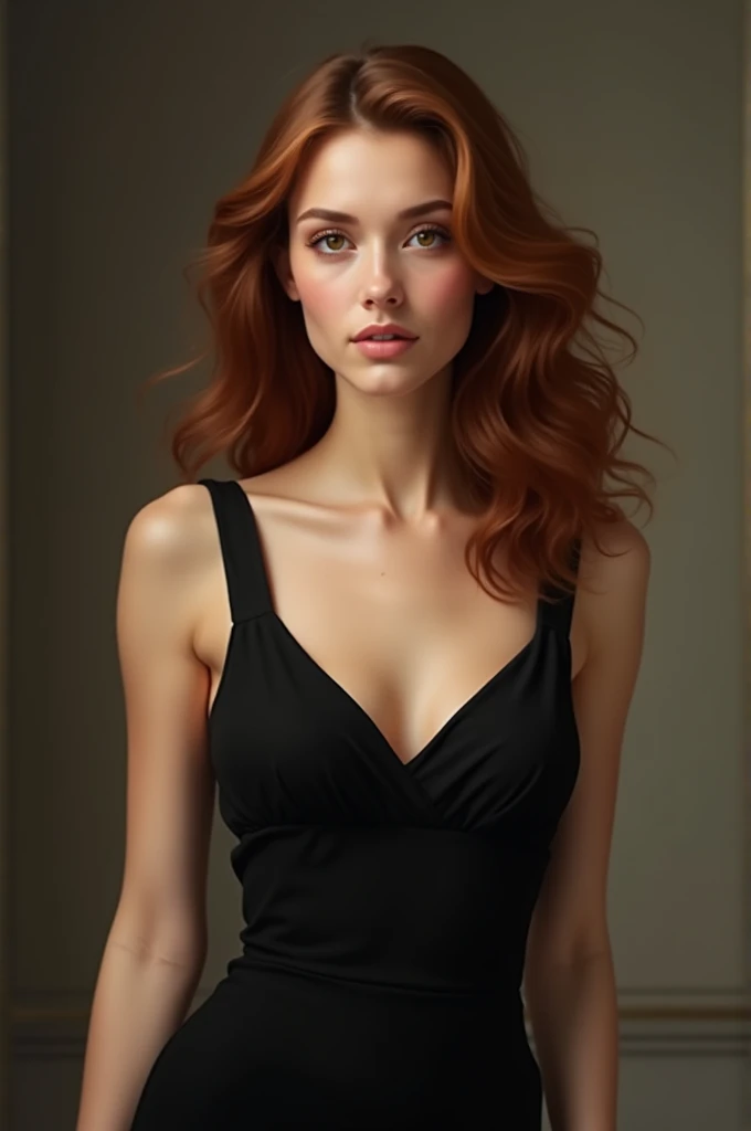 A woman with wavy hair, brown eyes and a black dress