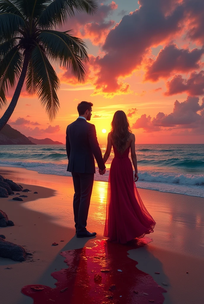 Bloody Beach, palmiers, couché de soleil
Un homme et un femme en tenue de soiree au bors de la mer de dos se donnant la main, Blood Trail
