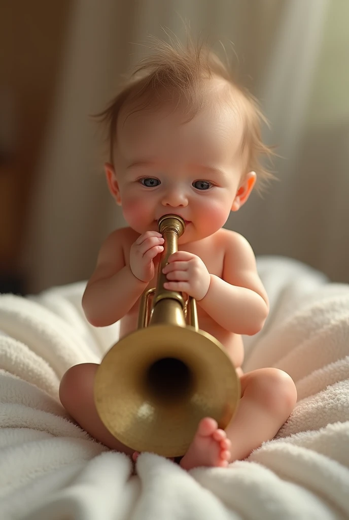 Newborn baby playing the horn as real as in real life