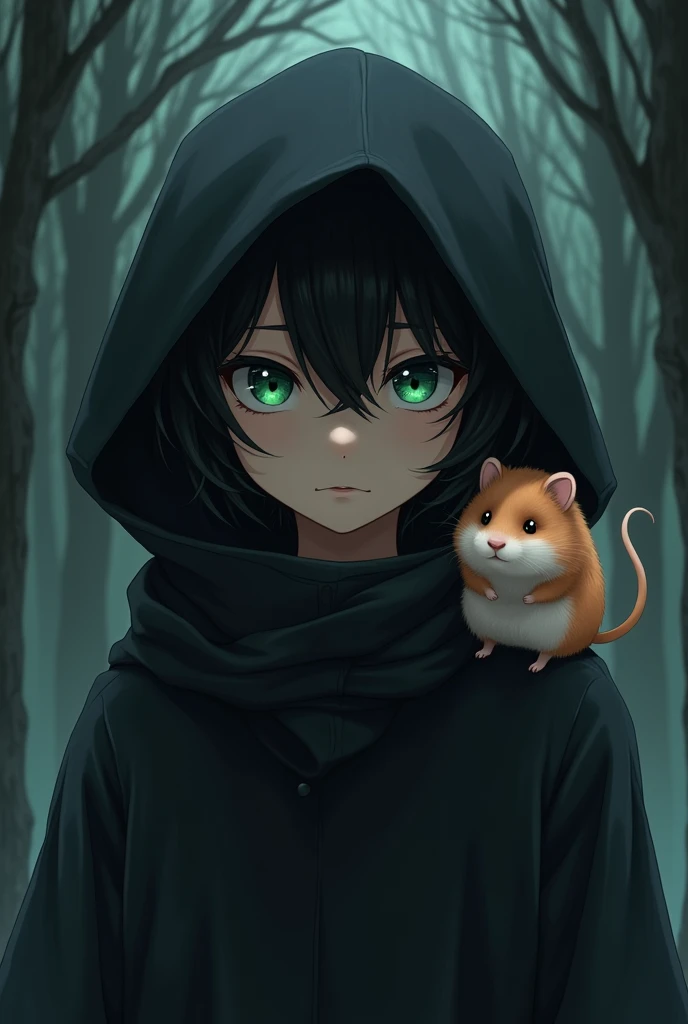 Anime boy with black hood, black hair and green eyes with a hamster 