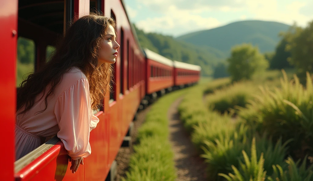 A young woman with curly hair leans out of a vintage red train, wearing a flowing light pink dress. The scene is set in a lush, green environment with ferns surrounding the train tracks. The background features rolling hills and trees, creating a serene and picturesque atmosphere, evoking a sense of adventure and tranquility. The lighting is warm and natural, enhancing the colors of the dress and the train.