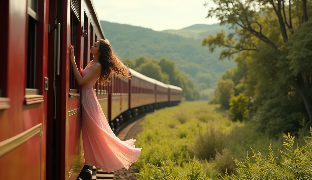A young woman with curly hair leans out of a vintage red train, wearing a flowing light pink dress. The scene is set in a lush, green environment with ferns surrounding the train tracks. The background features rolling hills and trees, creating a serene and picturesque atmosphere, evoking a sense of adventure and tranquility. The lighting is warm and natural, enhancing the colors of the dress and the train.