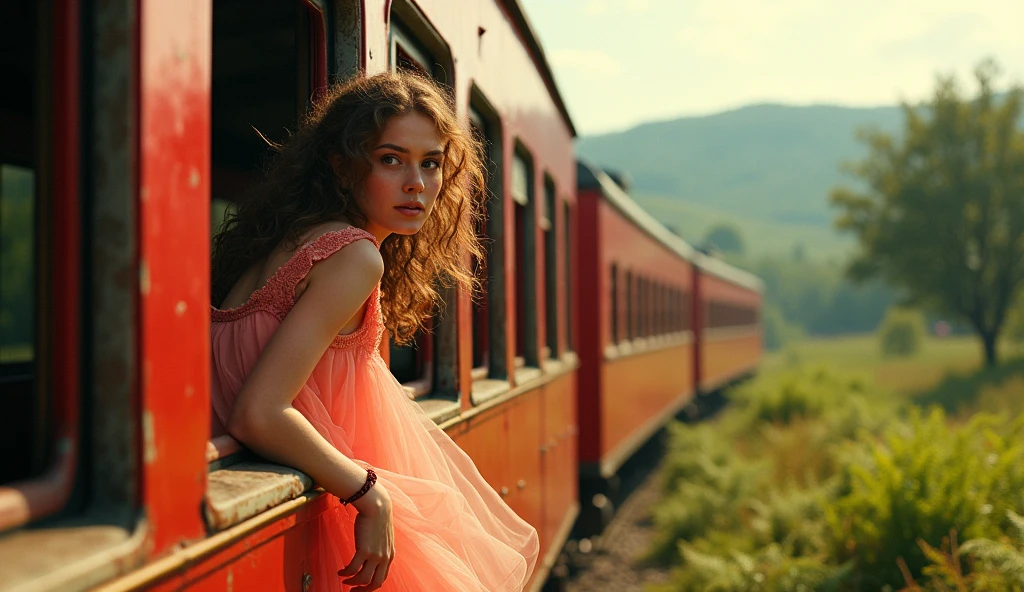 A young woman with curly hair leans out of a vintage red train, wearing a flowing light pink dress. The scene is set in a lush, green environment with ferns surrounding the train tracks. The background features rolling hills and trees, creating a serene and picturesque atmosphere, evoking a sense of adventure and tranquility. The lighting is warm and natural, enhancing the colors of the dress and the train.