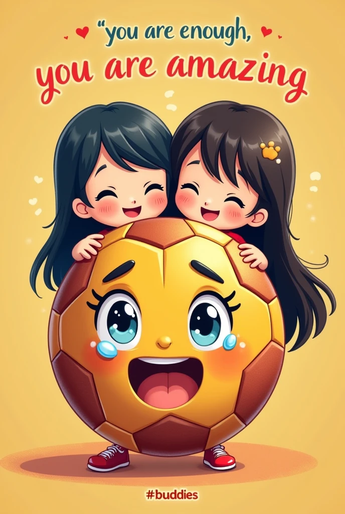 Make a football ⚽ smile with teared eyes in the quotes like "you are enough, you are amazing" and #buddies ... And background should look positive and two girls hugging each other behind the ball but visible one having long hairs one hairs short hairs till shoulder