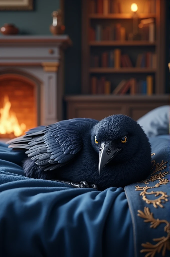 Cute raven lying on the ravenclaw communal bed sleeping