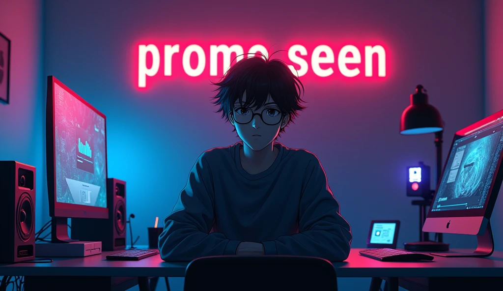 A 20-year-old boy in anime style, wearing a glasses, sits alone in a modern, dramatic tech room. He’s at a desk with a microphone and laptop. Dynamic RGB lighting highlights the scene, creating a hacker environment. Behind him, big text "Promo Seen" and a 3D YouTube logo are prominently displayed on the wall. The boy is the focal point, exuding a mysterious and tech-savvy vibe.