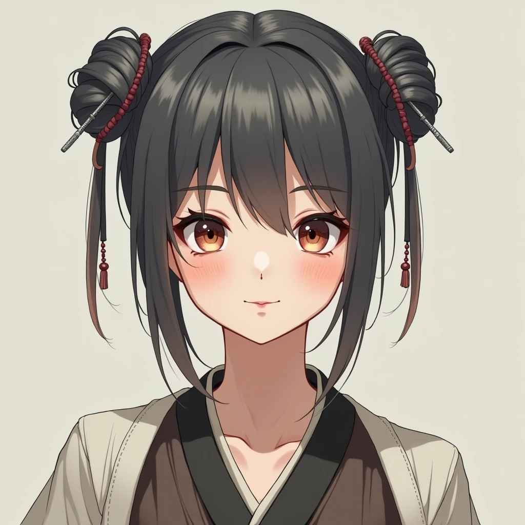 Semi-realistic anime style Chinese woman。Short dark grey hair、The hair is tied in a bun with two elaborate steel rods., Standing facing forward、