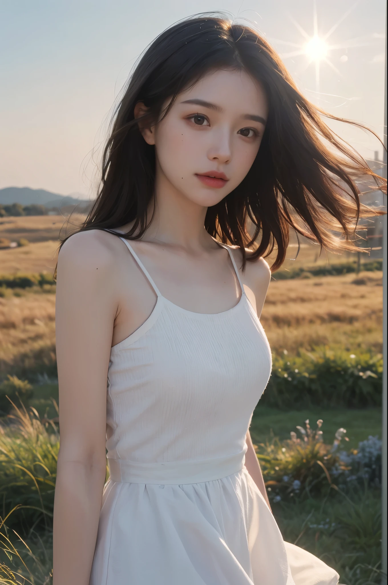 Highest quality,masterpiece,Ultra-high resolution,Realistic,RAW Photos,unity 8k wallpaper, Panoramic View, Cinema Lighting,
On the grass, sunset, Speckled sunlight, Golden Hour Lighting, Backlighting, The background is blurred, (Lens flare), Wind, pastel colour, Soft Light,
One person,Short flowing hair, elegant, Upper Body,