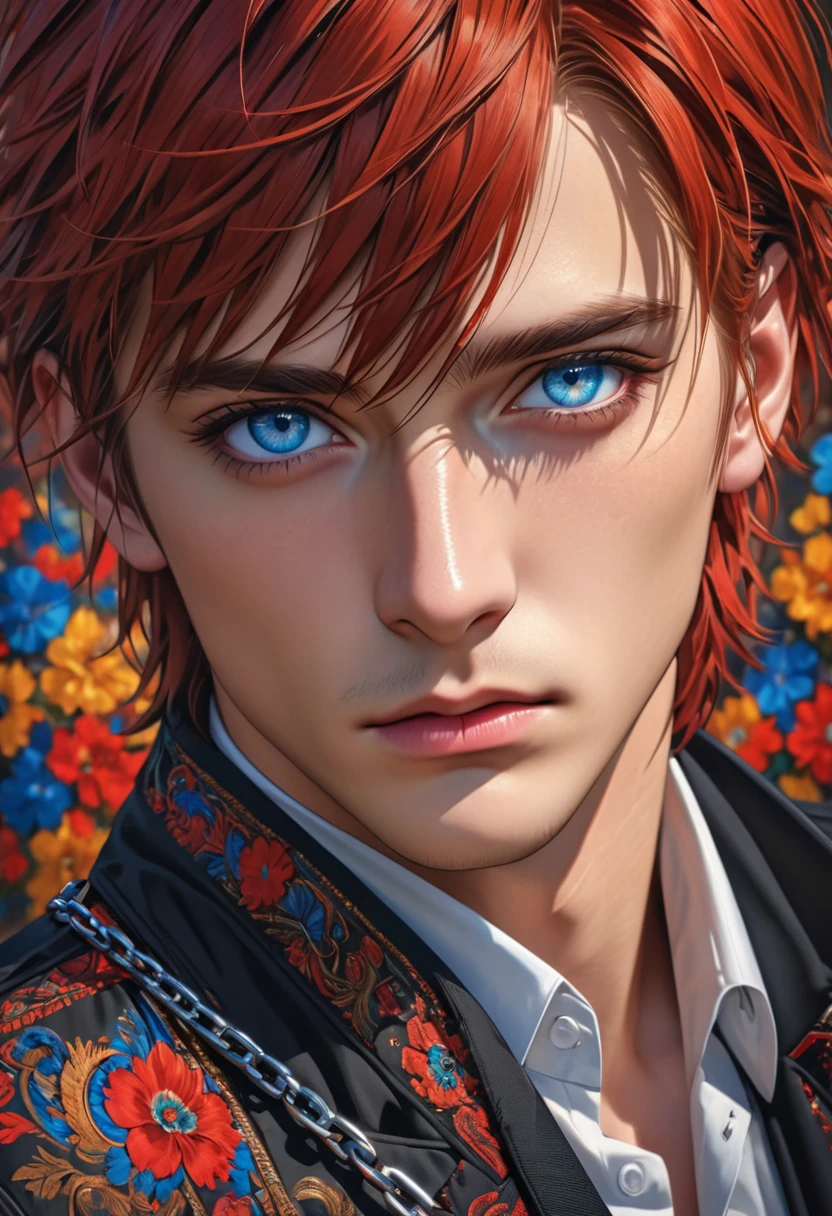 absurdres, highres, ultra detailed, HDR, master piece, best quality, extremely detailed face and eyes, perfect face, realistic face, beautiful eyes, Arthur Leywin, red hair, medium hair, expressive blue eyes,Tbate, black jacket, withe shirt, patterns, solo, man, handsome,background chain,
