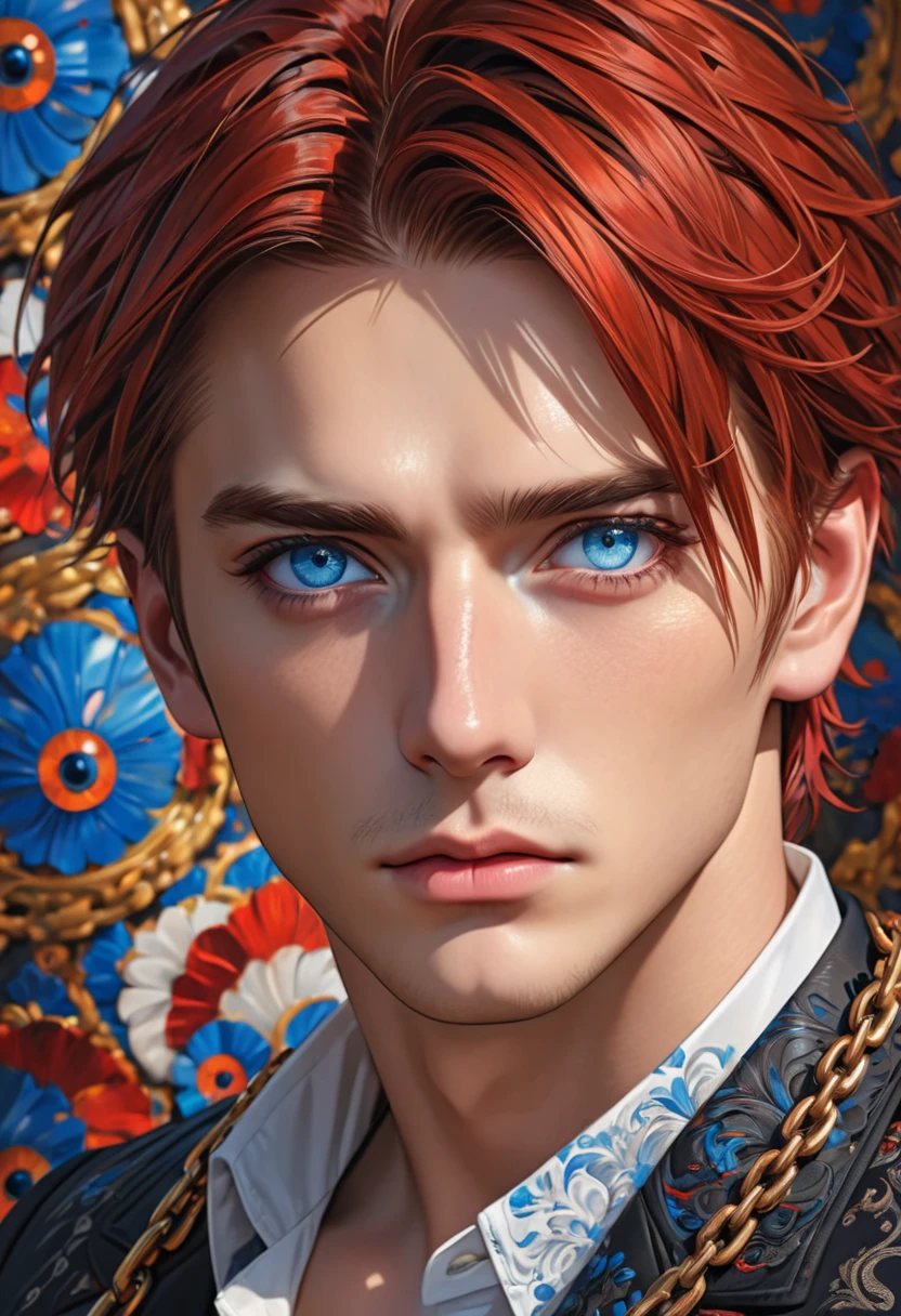 absurdres, highres, ultra detailed, HDR, master piece, best quality, extremely detailed face and eyes, perfect face, realistic face, beautiful eyes, Arthur Leywin, red hair, medium hair, expressive blue eyes,Tbate, black jacket, withe shirt, patterns, solo, man, handsome,background chain, 